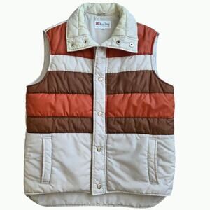 Vintage Royal Knight Retro Puffer Snap Vest Beige Orange Brown Stripe 70s Sz M/S